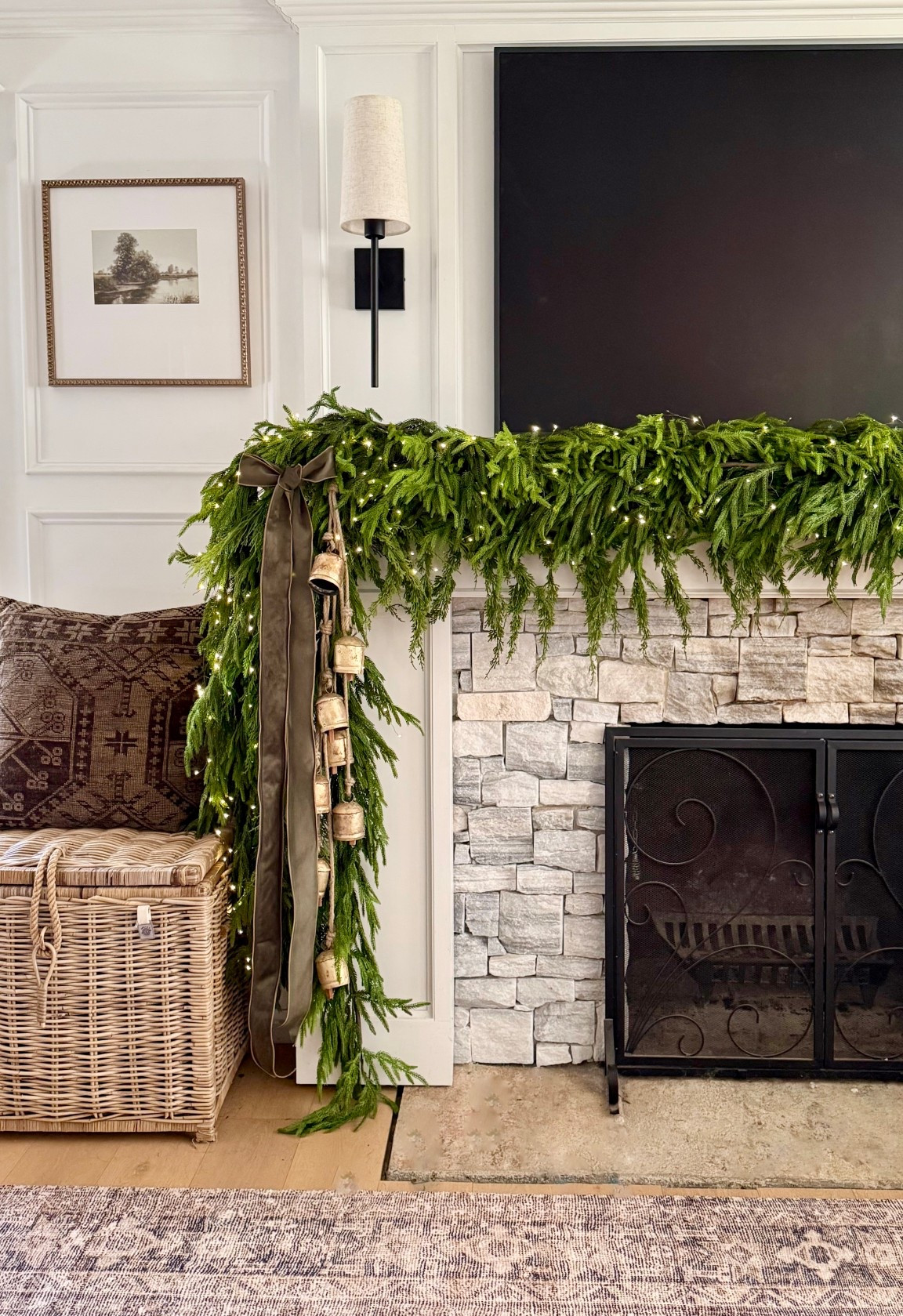 Layered draping mantel garland ✨
To achieve this look, I use several pieces of garland outlined below. I added two sets of these rustic bells, three sets of 200 warm white fairy lights, and green velvet ribbon to complete the look. For reference, my mantel is about 8 feet long. 

For the garland:
(6) Clear Command Hooks
(1) 9 ft draping cedar (lower layer)
(2) 15 ft Norfolk Pine
(1) 8 ft deluxe Norfolk Pine (top layer)
(2) mixed cedar/Norfolk (sides)
(1) 5 ft Norfolk Pine (left side) 



#LTKSeasonal #LTKHome #LTKHoliday