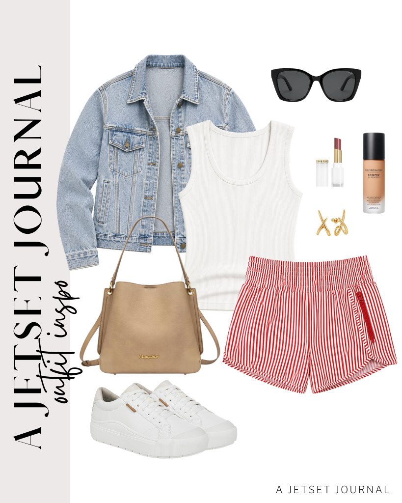 You can also wear red-striped athletic shorts with a white tank top and denim jacket. This goes well with a Montana West purse and Dr. Scholl’s Time Off sneakers. Finish the look with gold earrings and REVLON tinted lip balm.

#LTKSeasonal #LTKSaleAlert #LTKTravel
 

 