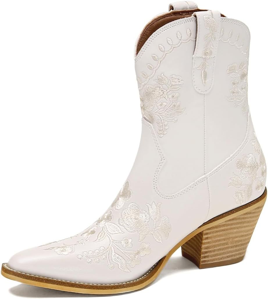 Womens Embroidery Block Heel Cowboy Boots Snip Toe Ankle Cowgirl Boots | Amazon (US)