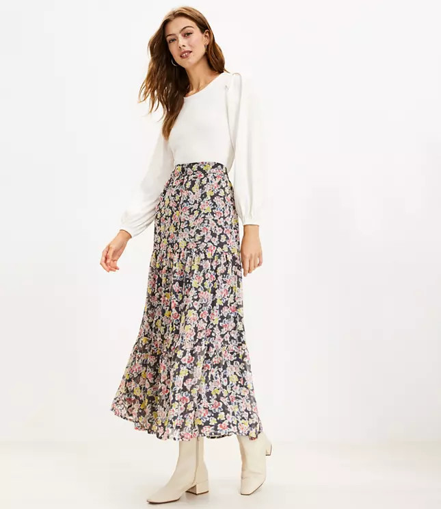 Floral Button Tiered Maxi Skirt | LOFT