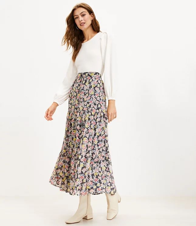 Floral Button Tiered Maxi Skirt | LOFT