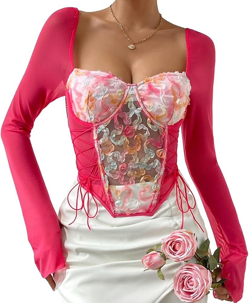 Women's Mesh Long Sleeve Top Floral Print Elegant Bustier Tops Hollow Out T-Shirt Blouse | Amazon (US)