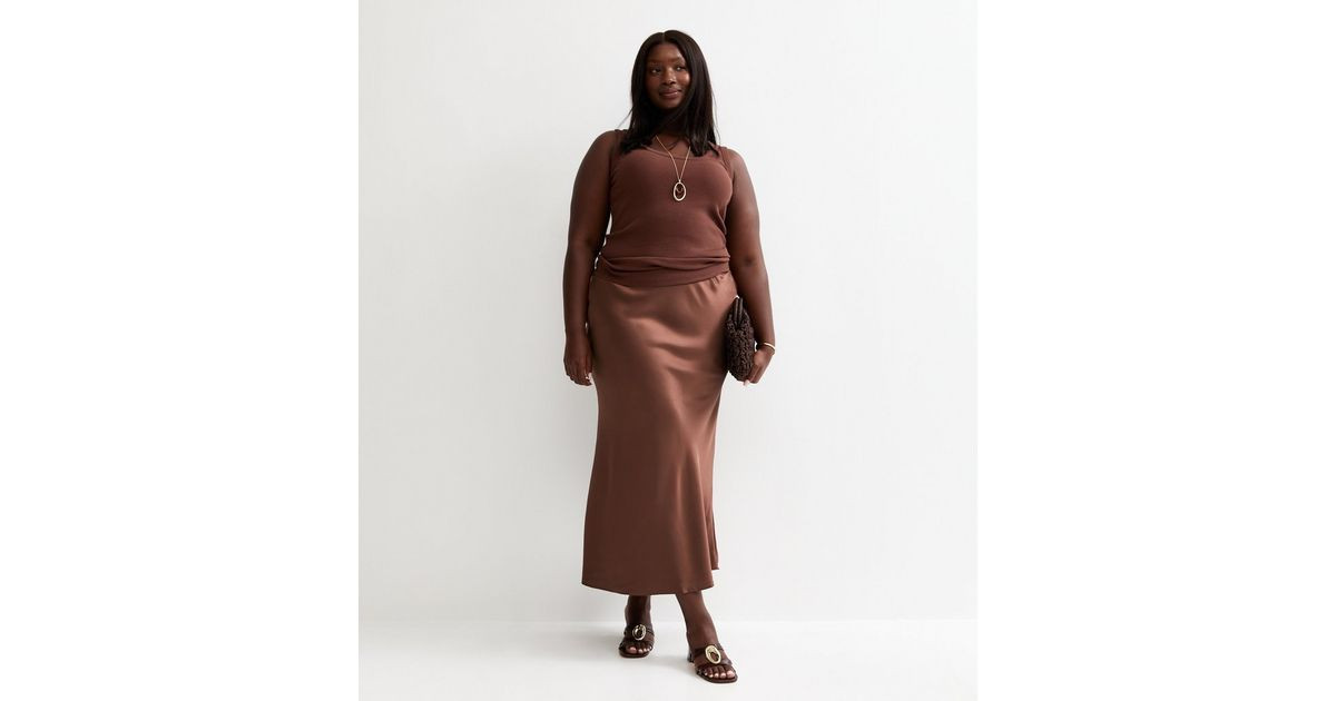 Women's Plus Size Dark Brown Satin Bias Cut Midi Skirt Curves New Look | New Look (UK)