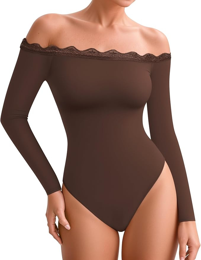 MANGOPOP Women's Off The Shoulder Long Sleeve Bodysuit Lace Body Suits Sexy Tops Fall Outfit 2025 | Amazon (US)