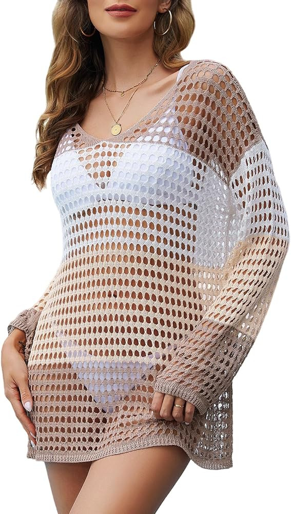 ZLIGXEA 2024 Womens Beach Cover ups Swim Cover up Long Sleeve Summer Dress S-XL | Amazon (US)