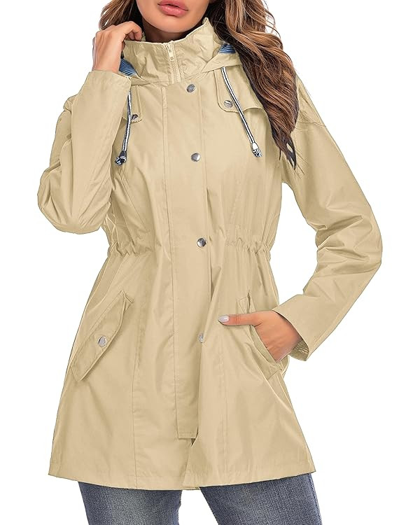 Rain Jacket Women Striped Lined Hooded Lightweight Raincoat Outdoor Waterproof Windbreaker | Amazon (US)