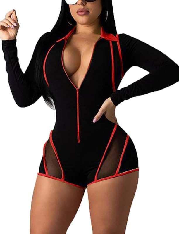 Mokoru Women's Sexy One Piece Bodycon Romper Club Outfits Front Zipper Shorts Jumpsuit | Amazon (US)