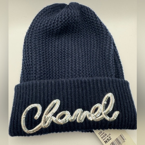 Chanel Logo Beanie cloche Cashmere with Sequins Navy Blue | Poshmark