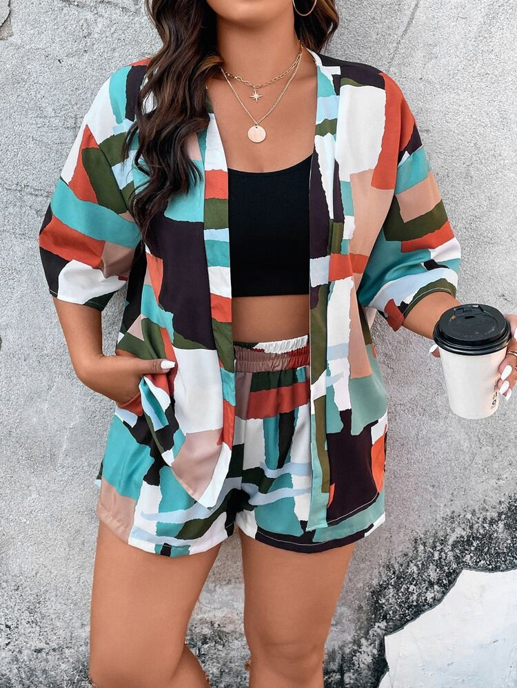 Plus Geo Print Drop Shoulder Open Front Coat & Shorts Without Cami Top | SHEIN