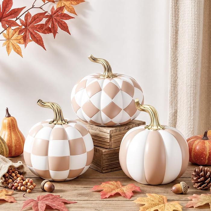 Leinuosen 3 Pcs Mocha and White Pumpkins Fall Pumpkin Decor | Amazon (US)
