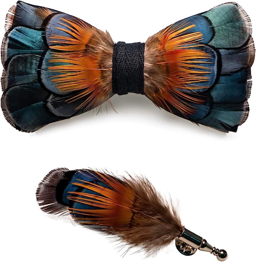 RBOCOTT Handmade Feather Pre-tied Bow tie and Brooch Sets for Men | Amazon (US)