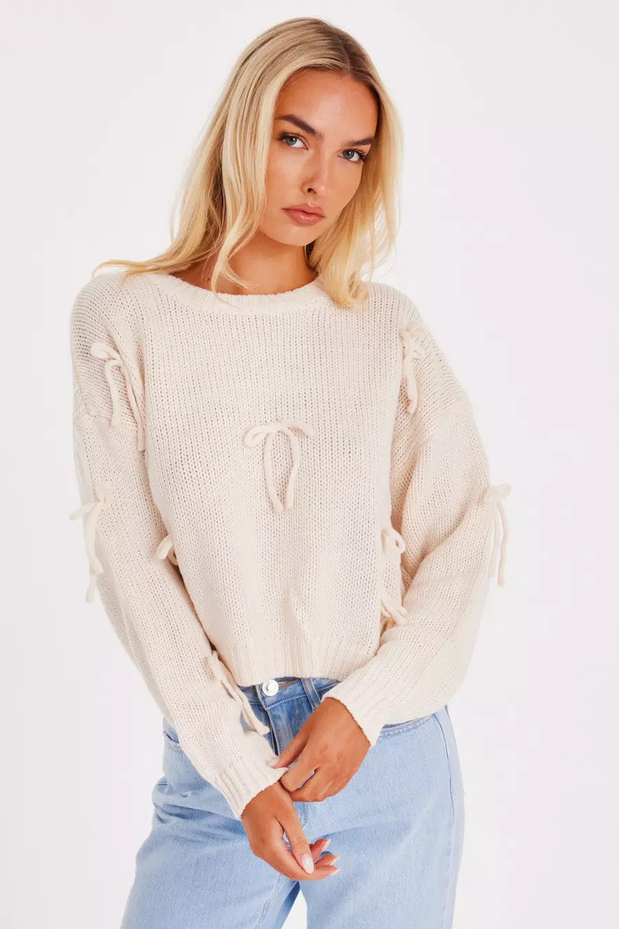 Home/Cream Bow Detail Cropped Jumper | Quiz Clothing