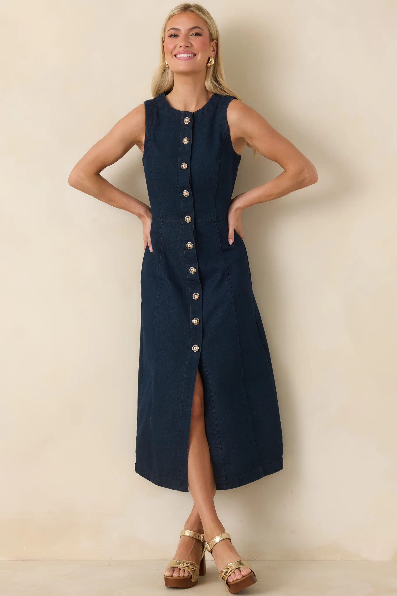 Made to Command Dark Indigo Cotton Denim Button-Front Midi Dress | Red Dress