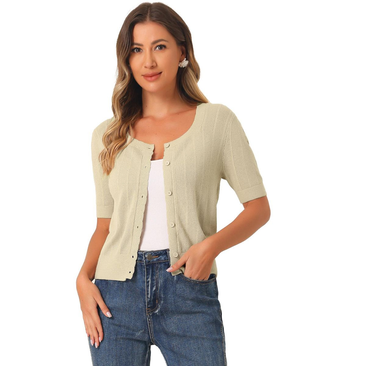 Allegra K Women's Casual Crochet Knit Button Up Sweater Short Sleeve Cardigan | Target