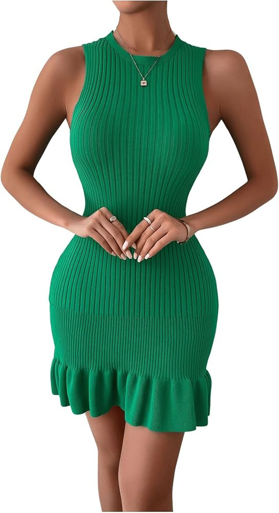SOLY HUX Women's Sexy Sleeveless Bodycon Dress Ruffle Hem Ribbed Knit Sweater Slim Fit Ruched Str... | Amazon (US)