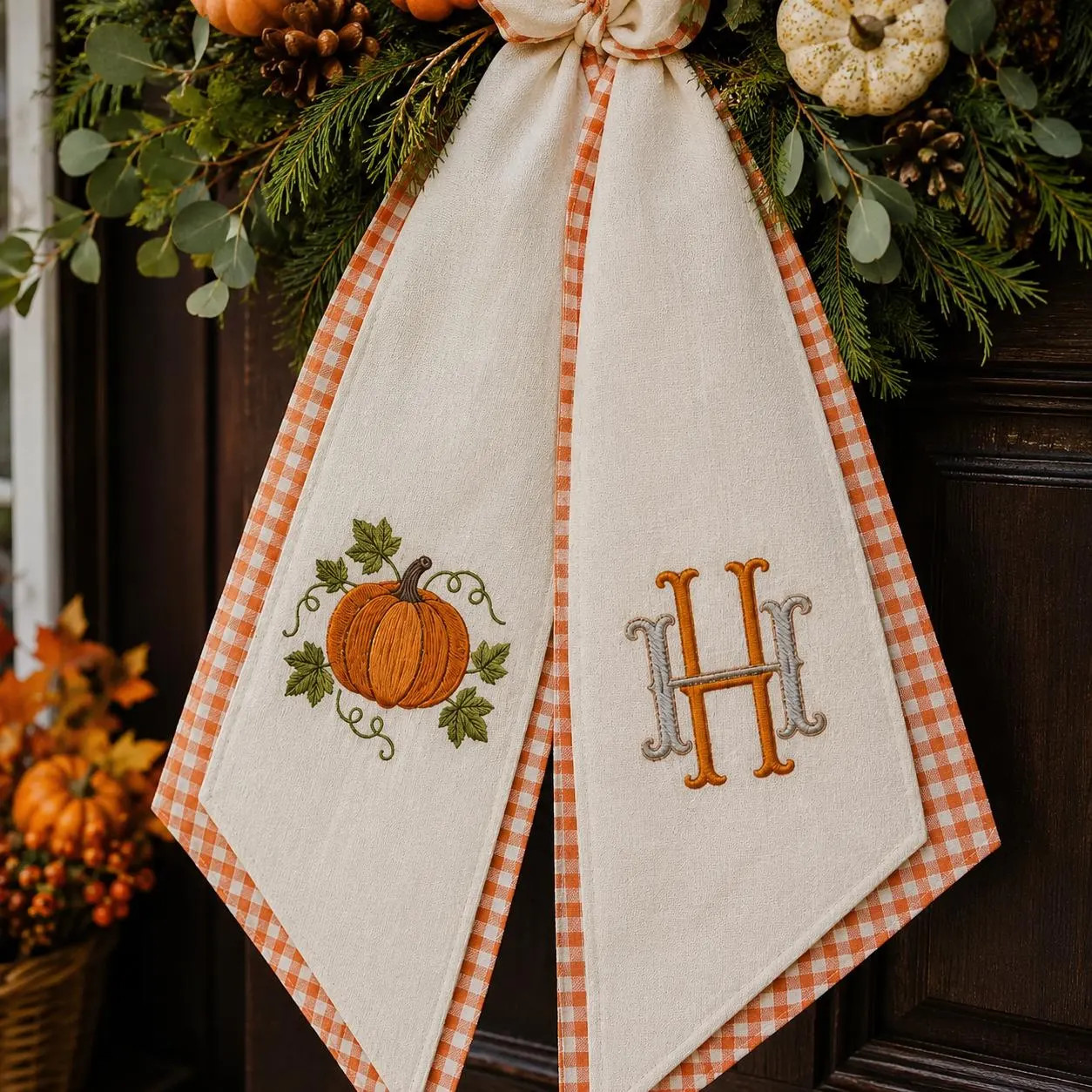 Embroidered Monogrammed Pumkin Halloween Thanksgiving Fall Wreath Sash, Sash Pumpkin Personalized Holiday Gift, Front Door Bow gift for her | Etsy (Global)