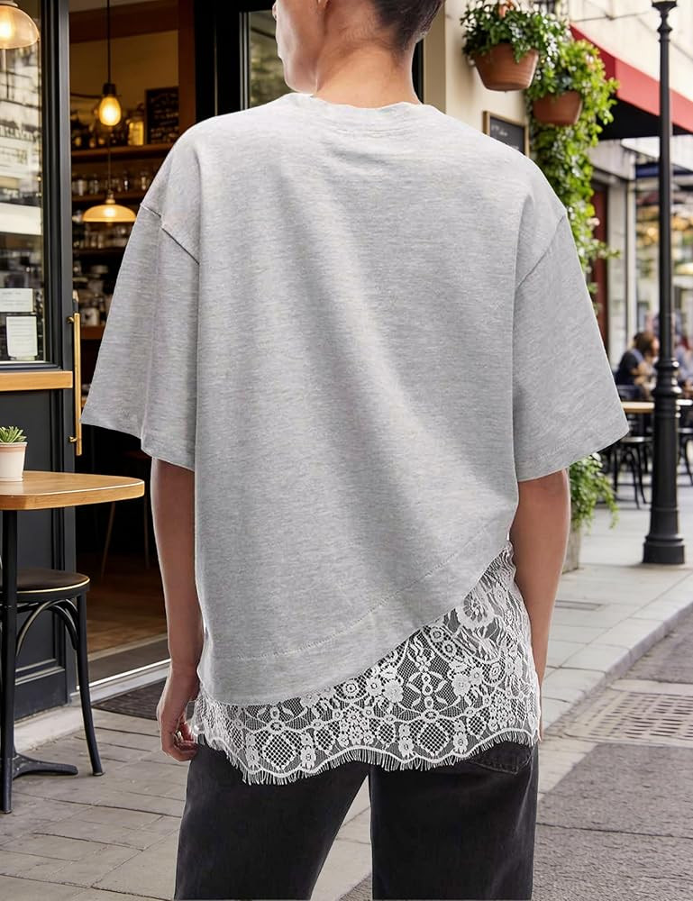 Women's Lace Patchwork Top Summer Daily Relaxed Fit Drop Shoulder Short Sleeve Blouse Casual Week... | Amazon (US)