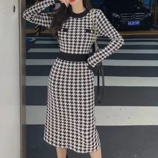 Long-Sleeve Houndstooth Sweater Dress | YesStyle Global