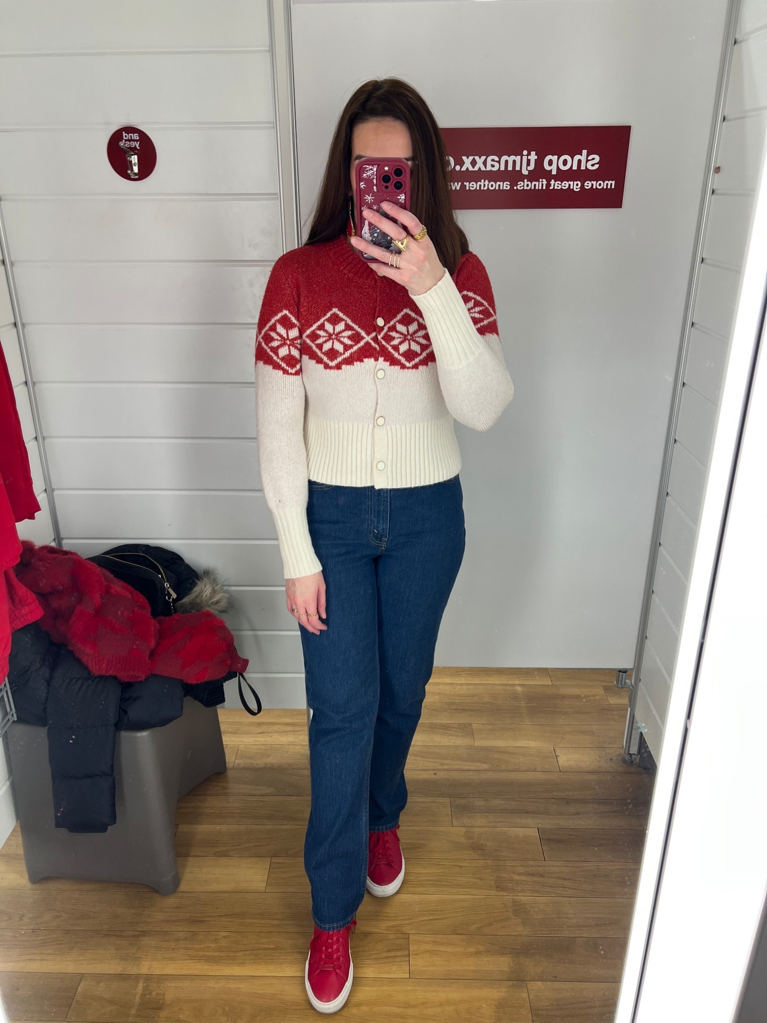 Red and white cardigan (xs). Curve love dark wash jeans (27). Red sneakers (8.5). #cardigan #redandwhitecardigan #jeans #darkwashjeans #sneakers #redsneakers #holidayoutfit #christmasoutfit Holiday Outfit 

#LTKHoliday #LTKSeasonal #LTKFindsUnder100