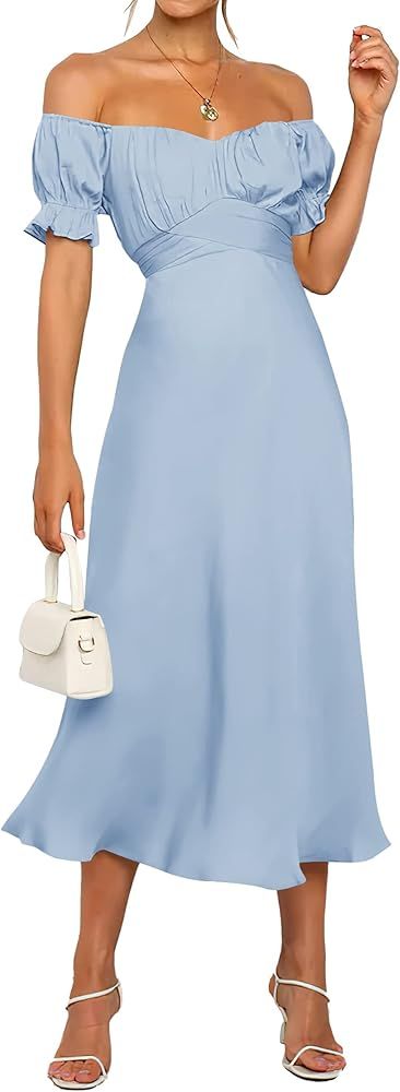 KIRUNDO 2023 Summer Women's Satin Midi Dresses Off Shoulder Wrap Ruched Wedding Guest Party Cockt... | Amazon (US)
