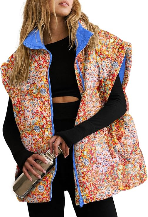 Tankaneo Womens Floral Oversized Puffer Vest Cap Sleeve Winter Warm Puffy Quilted Jackets Coat | Amazon (US)