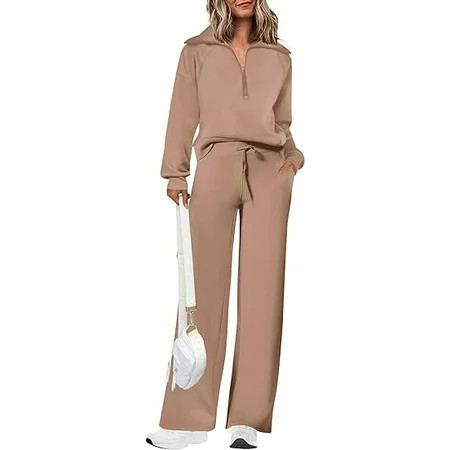 PRETTYGARDEN Women s 2 Piece Outfits Casual Lapel Half Zip Sweatshirts And Wide Leg Pants Tracksuit Sets | Walmart (US)