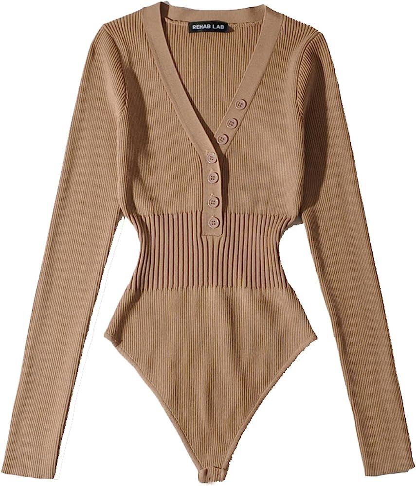 Woman Vintage Jumpsuit with V neck Ribbed Knitting Long Sleeve Open Buttons Bodysuit Short Slim W... | Amazon (US)