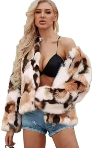 Autumn and winter mixed color faux fur coat jacket women | Amazon (US)