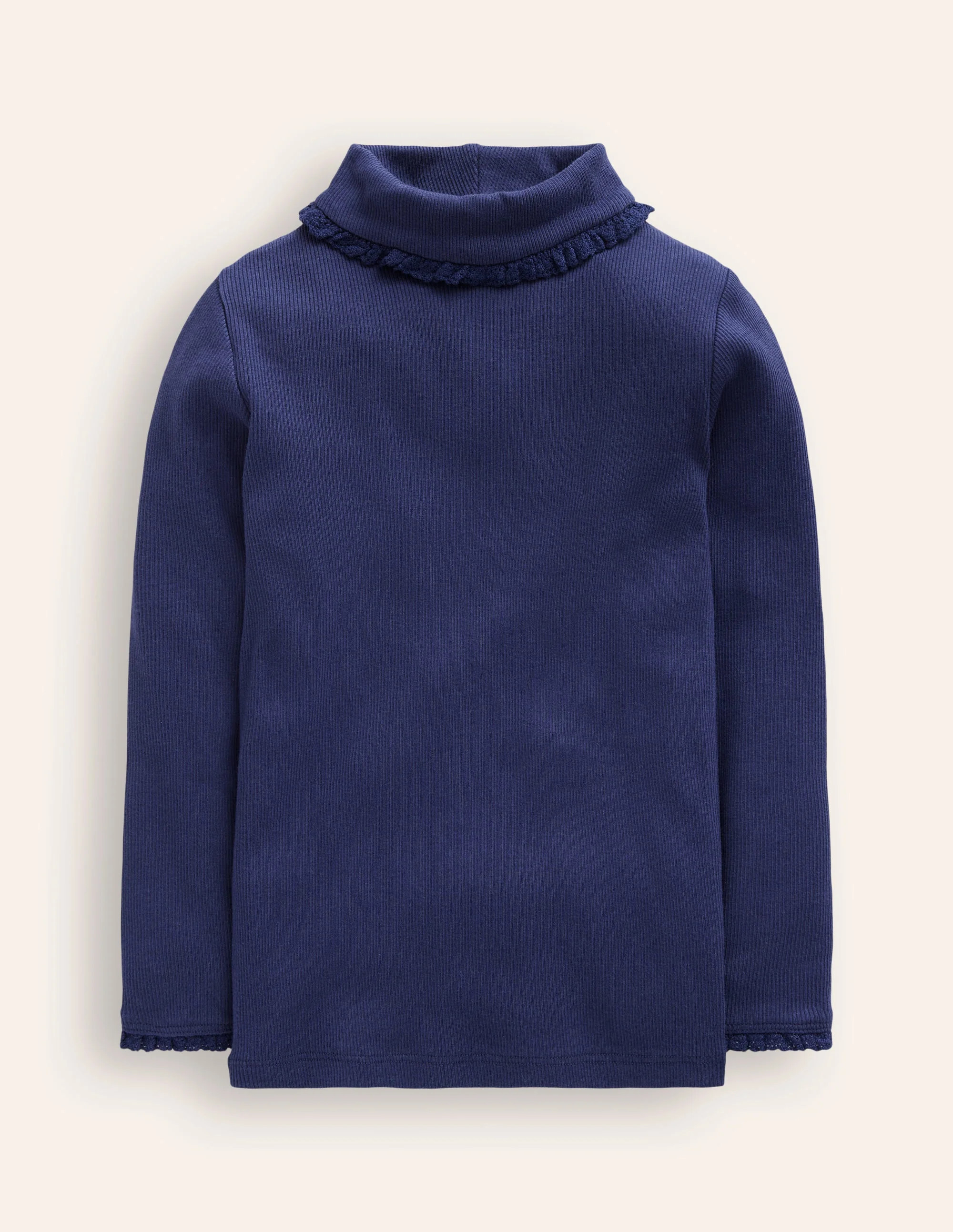 Ribbed Lace Trim Roll Neck-College Navy Female Boden | Boden UK
