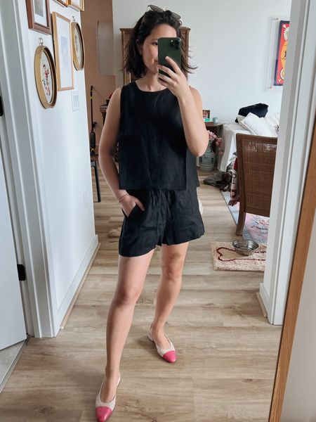 Top XS
Shorts XXS

Linen matching set, black matching set, black linen shorts, linen top, j. Crew outfit, petite, over 30, classic style, classic outfit, French girl style, European, summer outfit, Chanel shoes 

#LTKFindsUnder100 #LTKStyleTip