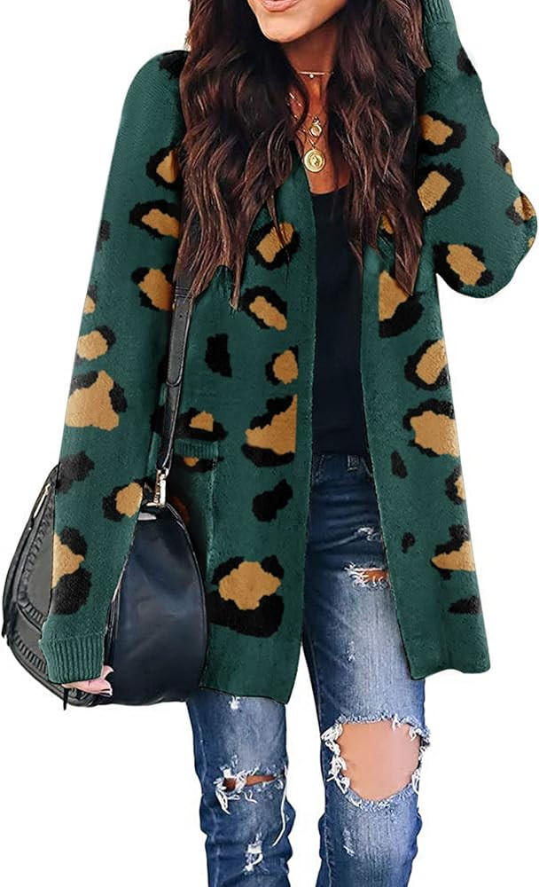 MEROKEETY Women's Open Front Leopard Knit Cardigan Sweaters Long Sleeve Outwear | Amazon (US)