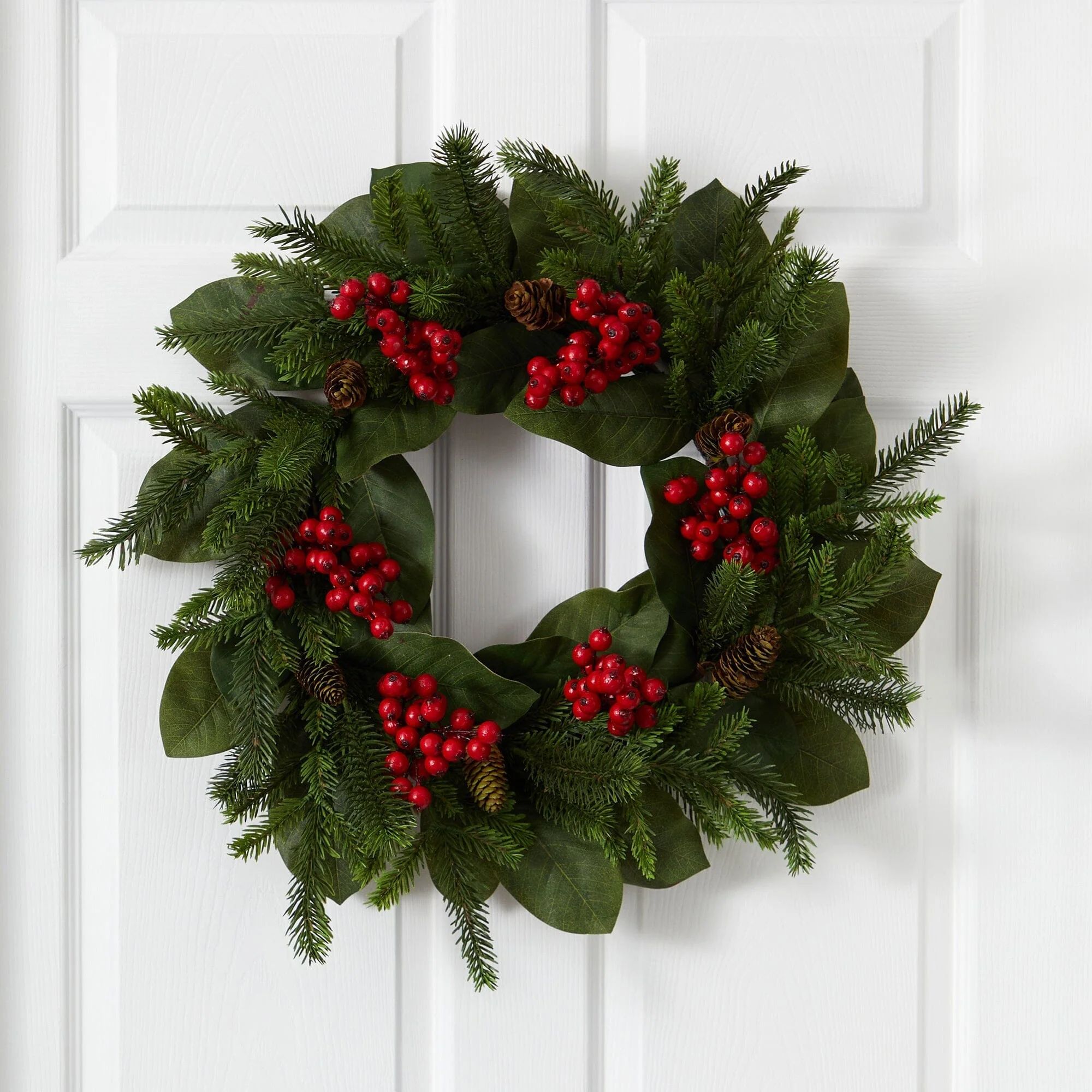 24” Magnolia Leaf, Berry and Pine Artificial Wreath | Nearly Natural | Nearly Natural