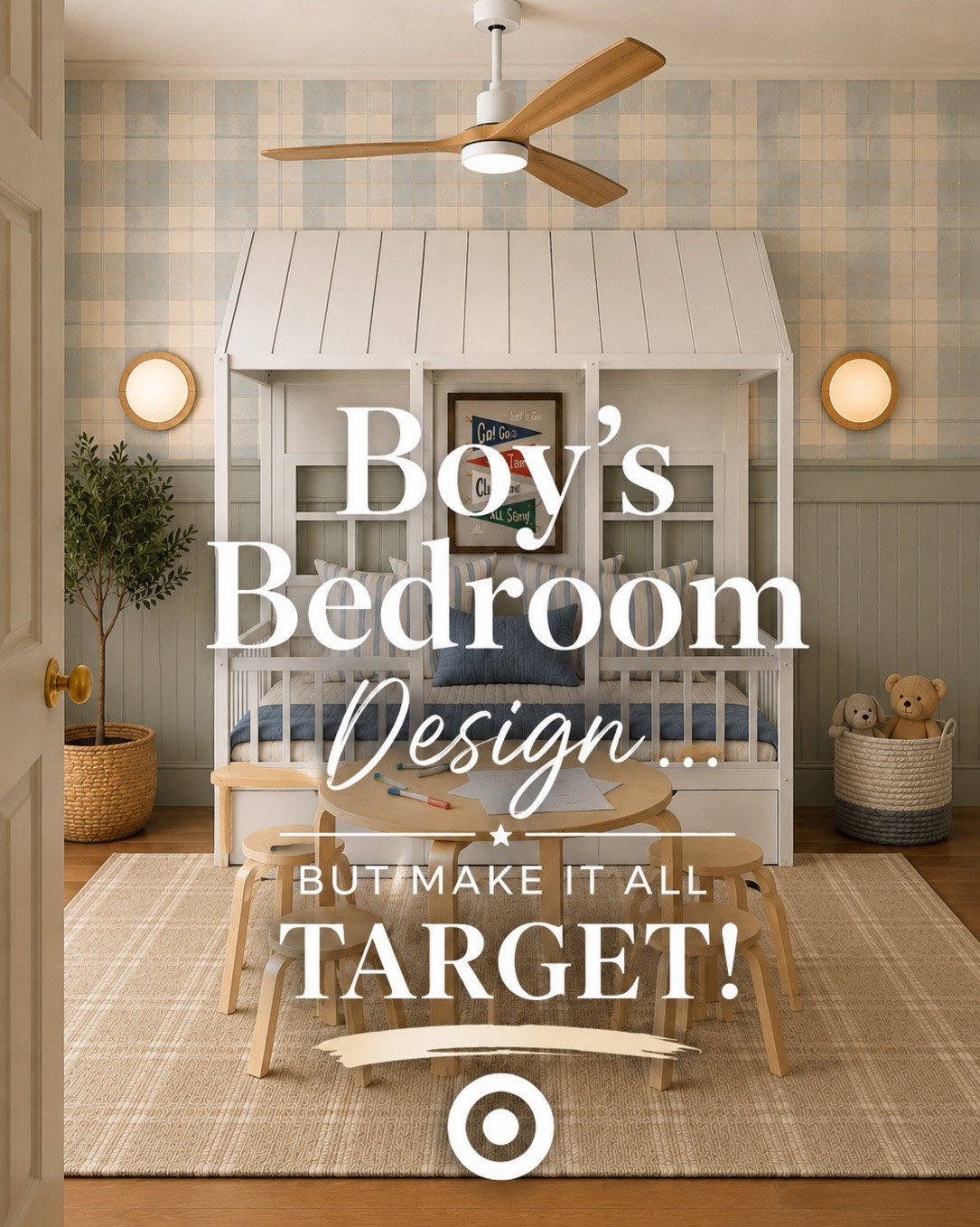 Target boys bedroom finds 🤍⚾️

Sharing this cozy boys room design featuring a house bed, plaid wallpaper, kids table and chairs, wall sconces, area rug, ceiling fan, baskets, bedding, and decor—all from Target!

This space feels classic, playful, and designed to grow with your little guy for years to come.

Comment SHOP for links, or find everything linked in my LTK! ✨

#targethome #targetfinds #boysbedroom #boysroomdecor #kidsroomdecor #kidsbedroom #playroomideas #housebed #targetstyle #targetdecor #kidsroomdesign #boysroomideas #interiordesign #roommakeover #targetkids #neutralhome #cozyhome #modernfarmhouse #designerlookforless #ltkhome

#LTKHome #LTKSaleAlert #LTKKids