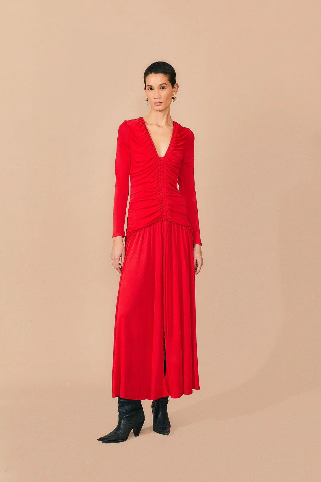 red v neckline long sleeve midi dress | FarmRio (US)