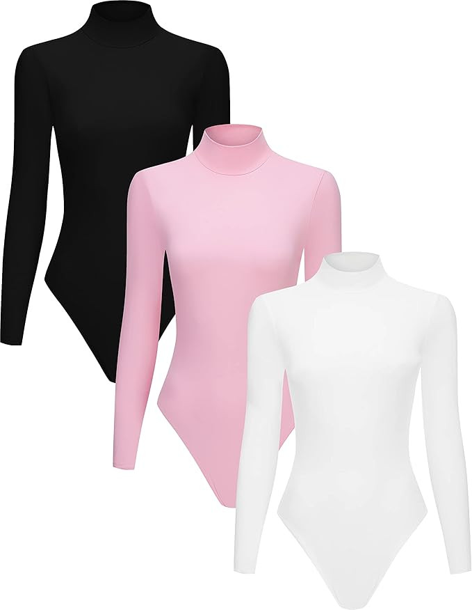 3 Piece Women's Mock Turtle Neck Long Sleeve Bodysuit T Shirts Body Suit Tops | Amazon (US)