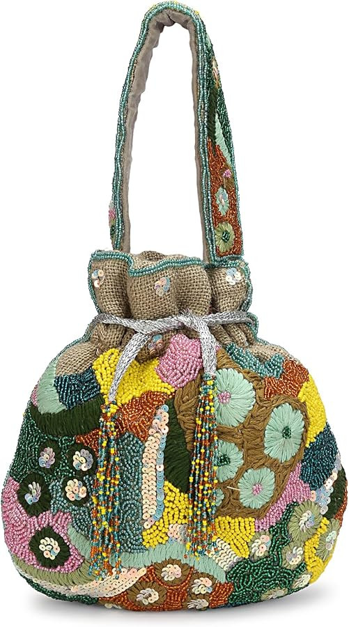 LONGING TO BUY Beaded Potli Bag for Women, Multicolor Floral Embroidered Jute Drawstring Handbag,... | Amazon (US)