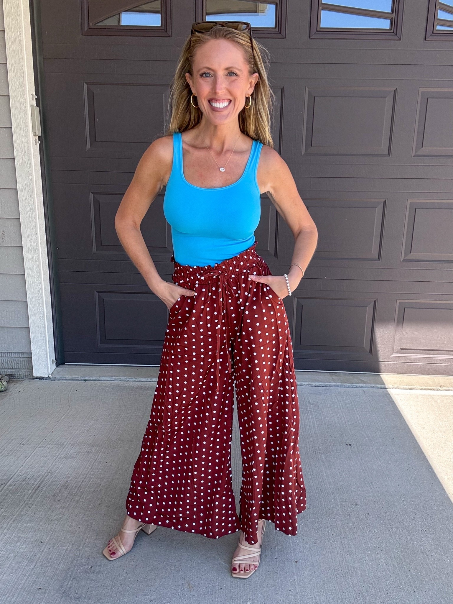 Brown polka dot pants with this bright blue shapewear tank? 🩵🤎 Yes, please! Wearing a small in both. 

As an Amazon Influencer I earn commission on qualifying purchases.

Shapewear tank, mom style, polka dot pants, fun spring pants, blue tops, spring fashion, summer styles 2026, polka dot fashion, brunch outfit idea

#LTKmomlife #LTKOver40 #LTKMidsize