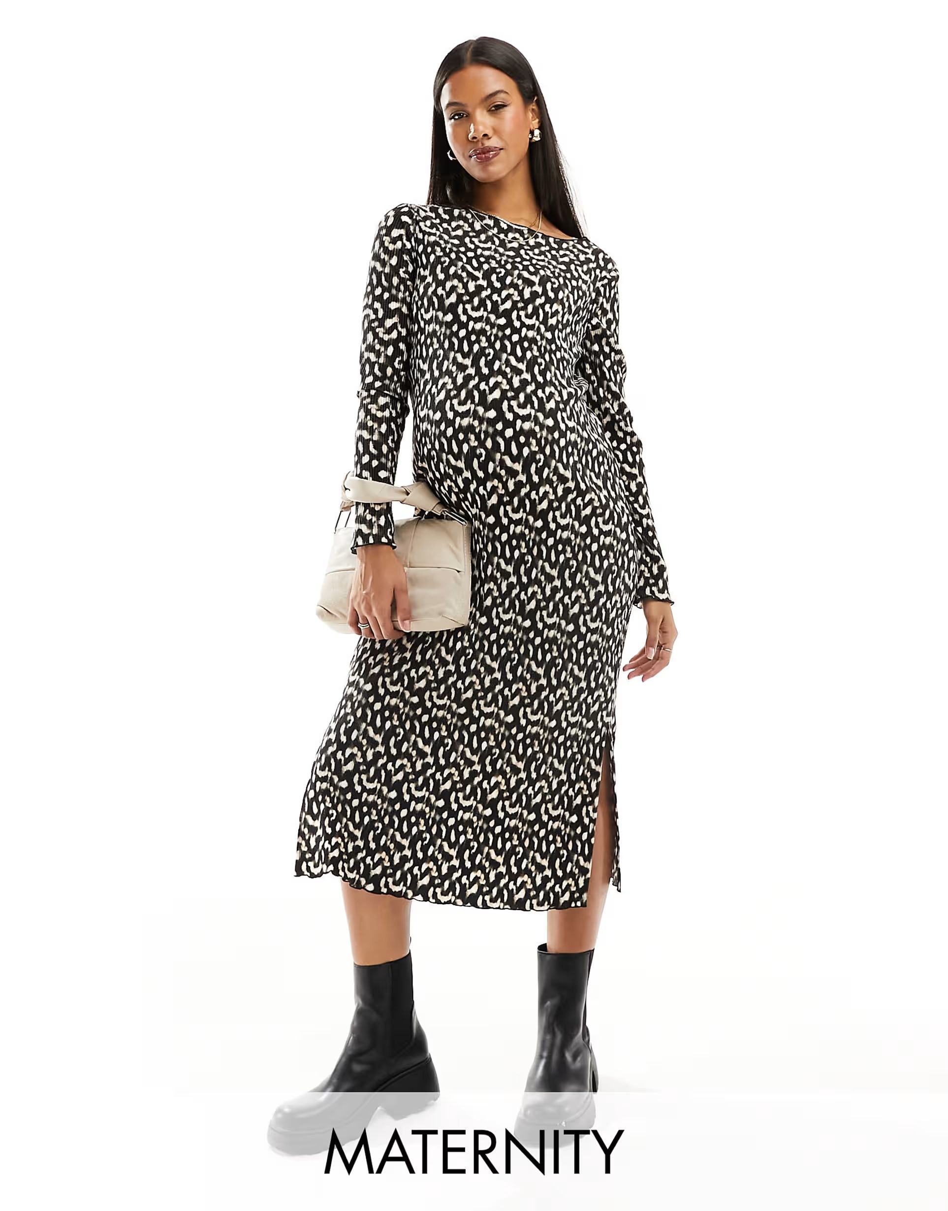 Mamalicious Maternity plisse midi dress with side split in leopard print | ASOS (Global)