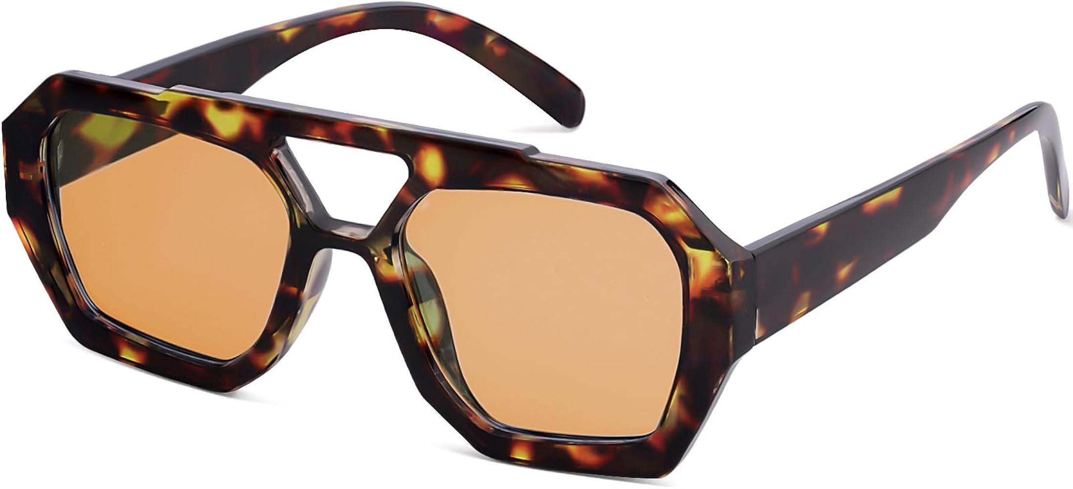 Trendy Designer Inspired Aviator Sunglasses for Women Men Hexagonal Square Thick Frame Double Bri... | Amazon (US)