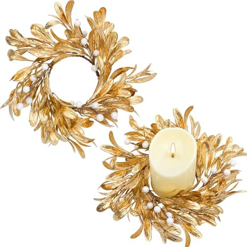 2 Pcs Gold Christmas Candle Rings Wreaths Artificial Gold Boxwood Leaf Wreath for Pillar 3.9 Inch Candles Holder for Christmas Xmas Winter Rustic Table Centerpiece Decor | Amazon (US)