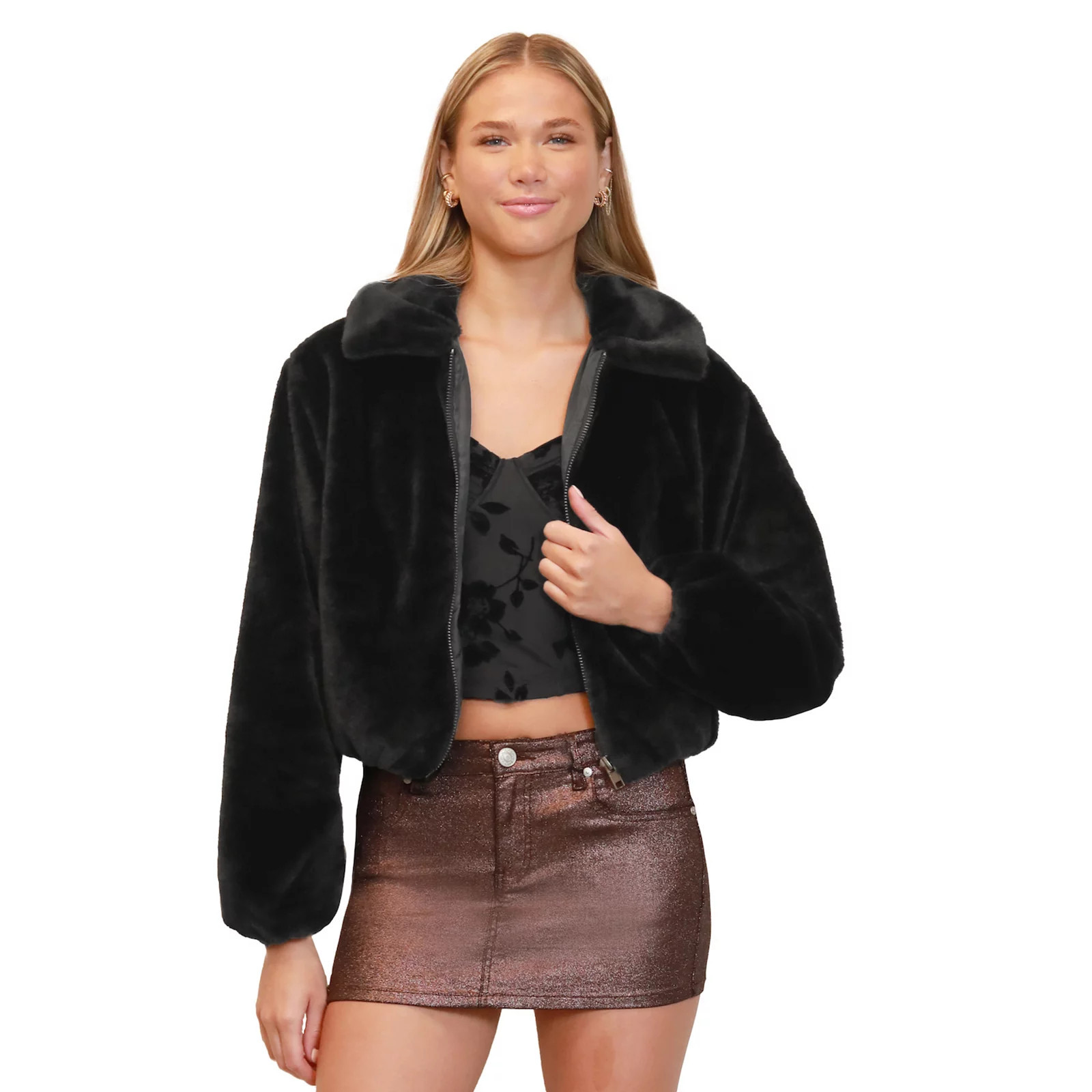 Juniors' Madden Girl Collared Zip-Front Bubble Faux Fur Jacket, Girl's, Size: Medium, Black | Kohl's