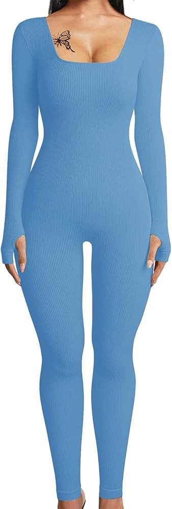 HOPYOP Sexy Long Sleeve Jumpsuit for Women, One Piece Ribbed Workout Rompers | Amazon (US)