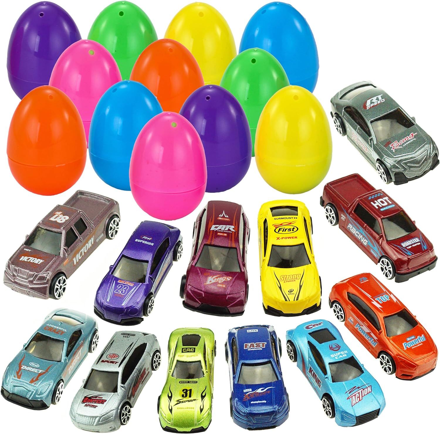 JOYIN 12 Die-Cast Car Filled Big Easter Eggs, 3.2" Bright Colorful Prefilled Plastic Easter Eggs ... | Amazon (US)