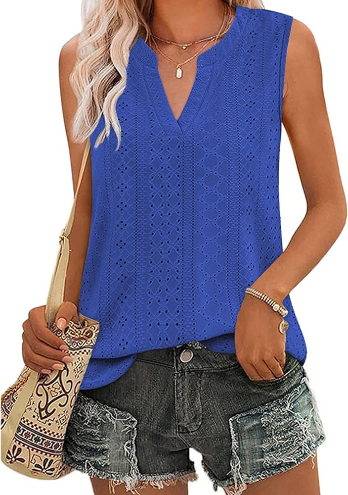 ZILIN Tank Top for Women Sleeveless V Neck Tops Dressy Casual Summer Blouses Trendy Eyelet Office... | Amazon (US)