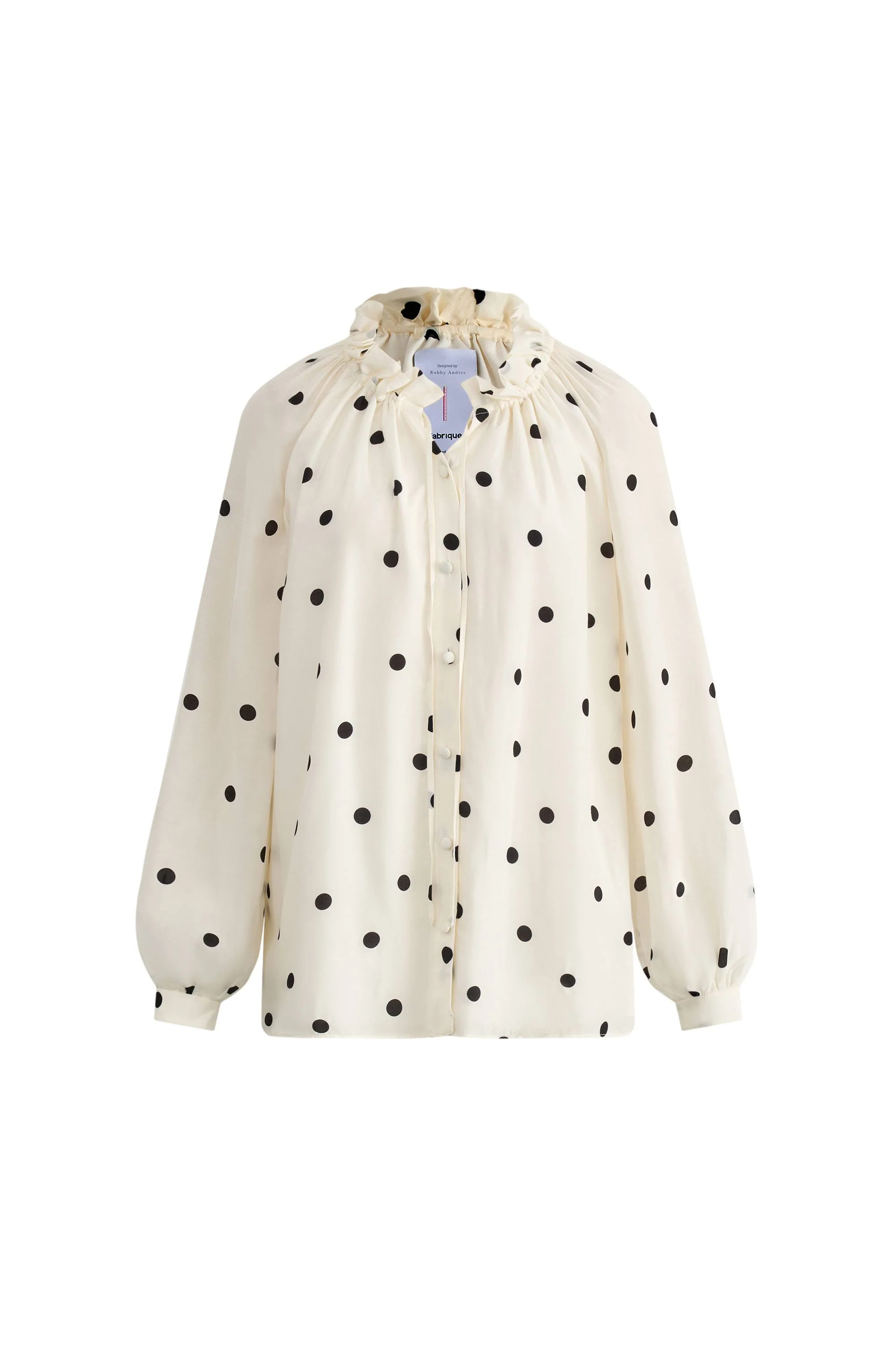 Kari Ruffle Neckline Polka Dot Blouse in Silk Satin | Fabrique