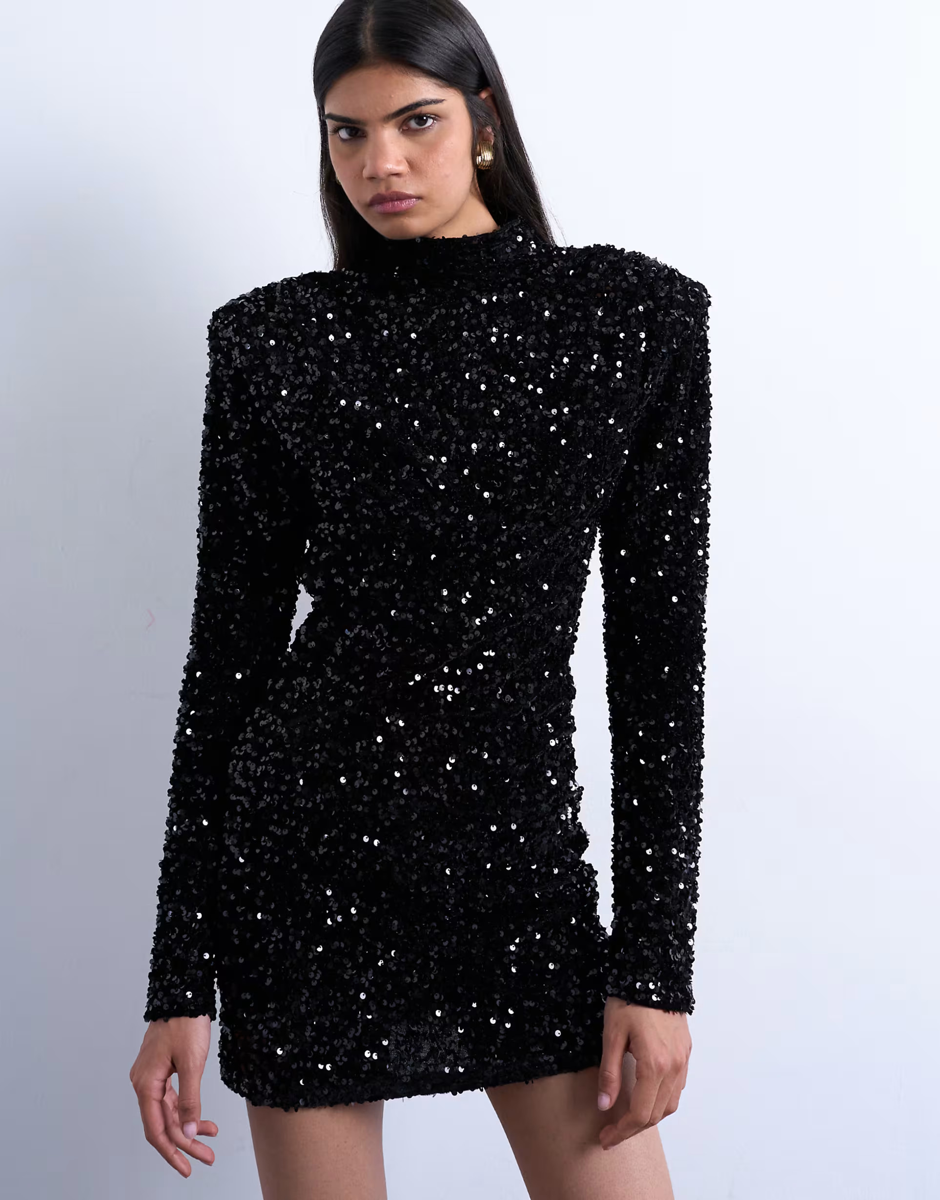 Topshop long sleeve velvet sequin mini dress with shoulder pads in black | ASOS (Global)