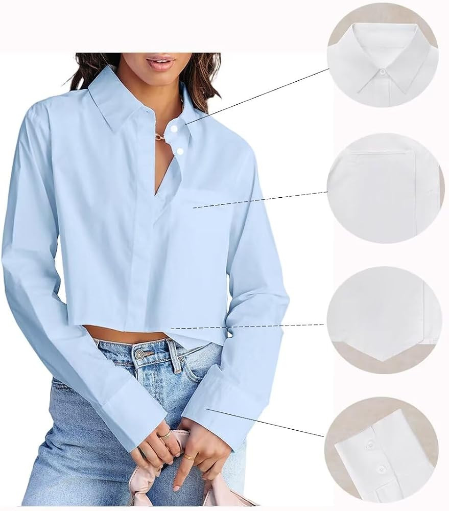 BONITEE Women Cotton Cropped Button Down Shirts Long Sleeve Crop Tops Collared Shirt Blouse Solid... | Amazon (US)