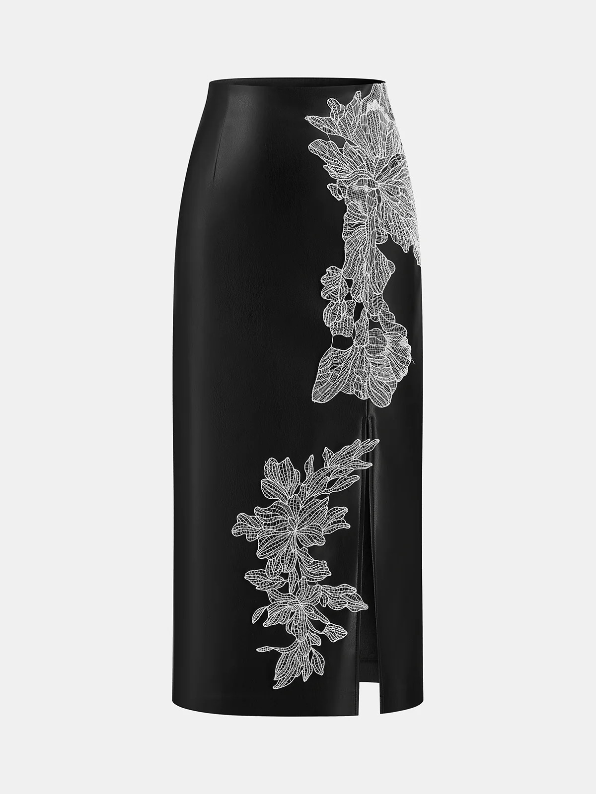 Floral Embroidered Slit PU Midi Skirt | Commense
