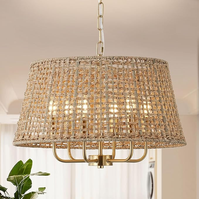 20" Rattan Large Boho Chandelier Ceiling Light Fixture, 6-Light Farmhouse Wicker Hand-Woven Chand... | Amazon (US)