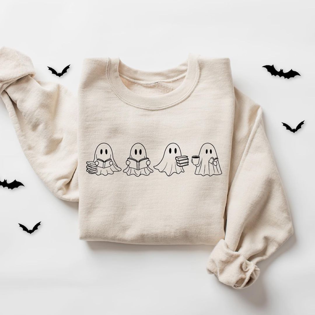 Сute Ghost Reading Books Sweatshirt, Cute Books Lovers Halloween Shirt, Halloween Ghost Shirt, B... | Etsy (US)